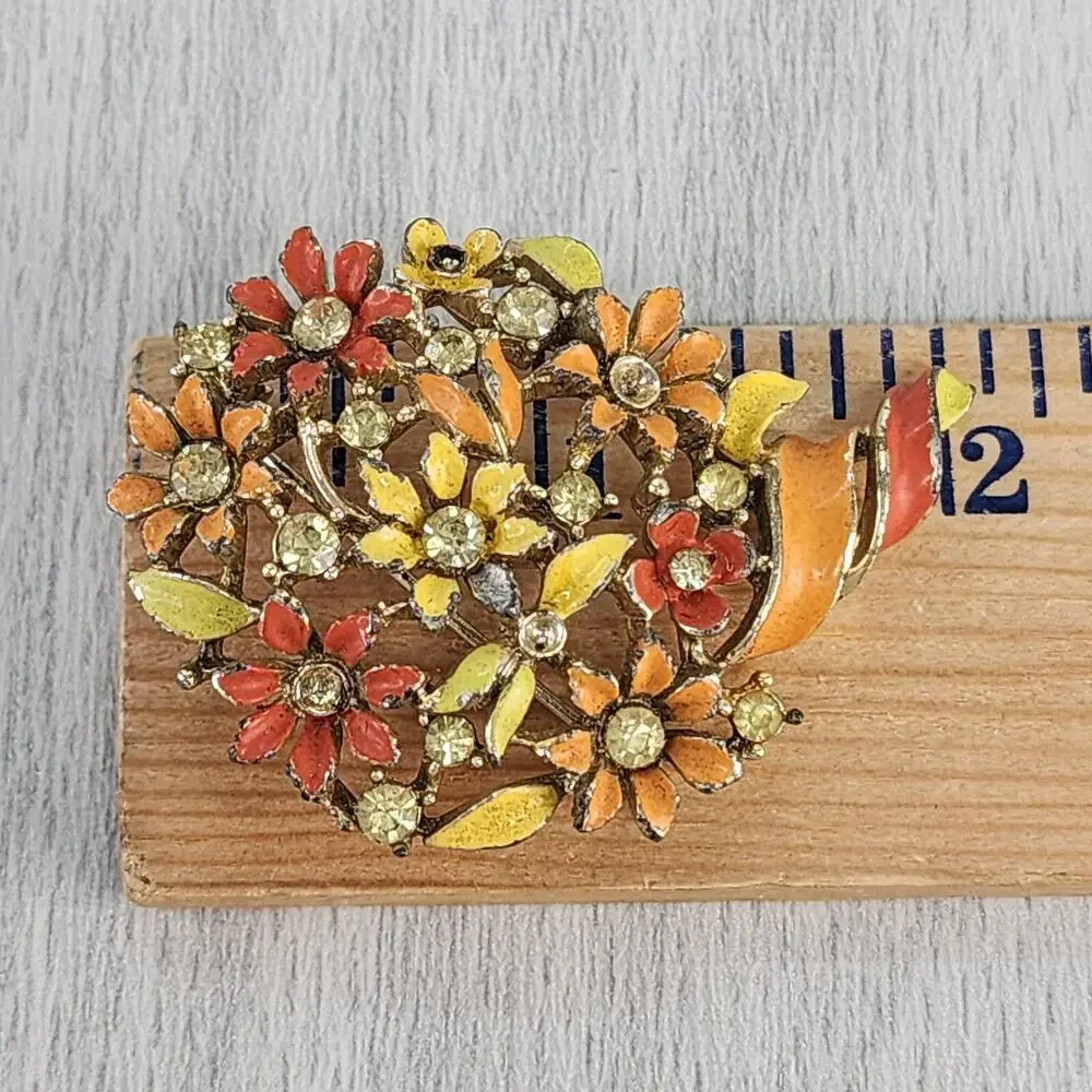 Vintage Brooch Lisner Signed Enamel Floral Rhinestone Flower Summer Hippie FLAWS